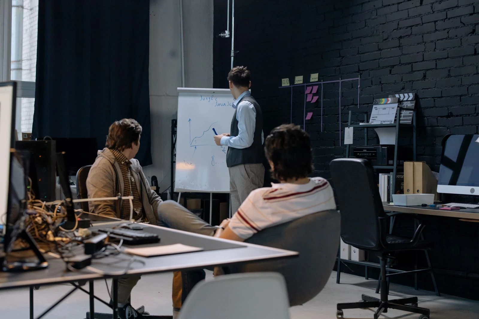 Consultant presenting a growth strategy chart on a whiteboard