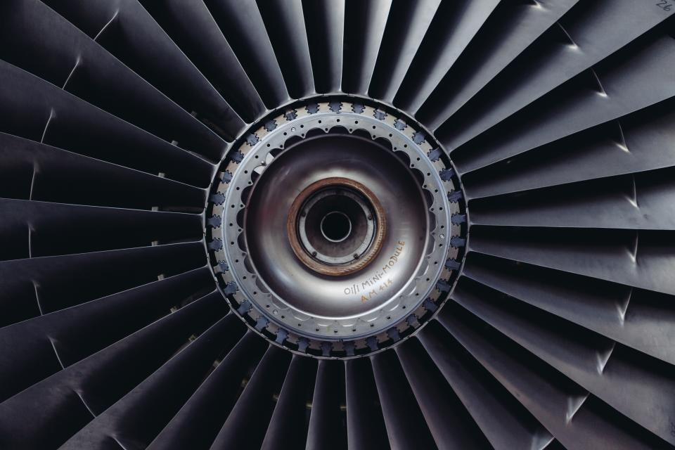 Close-up of a jet turbine fan blade assembly