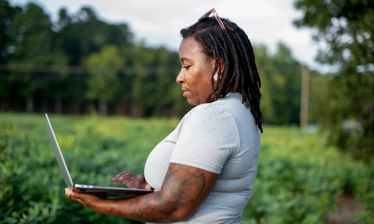 Farmer using a laptop in a crop field for agritech monitoring
