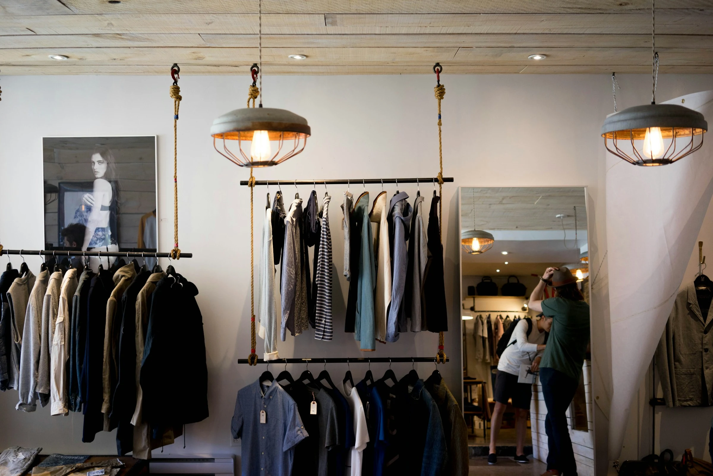 Premium fashion boutique clothing display with apparel on hangers