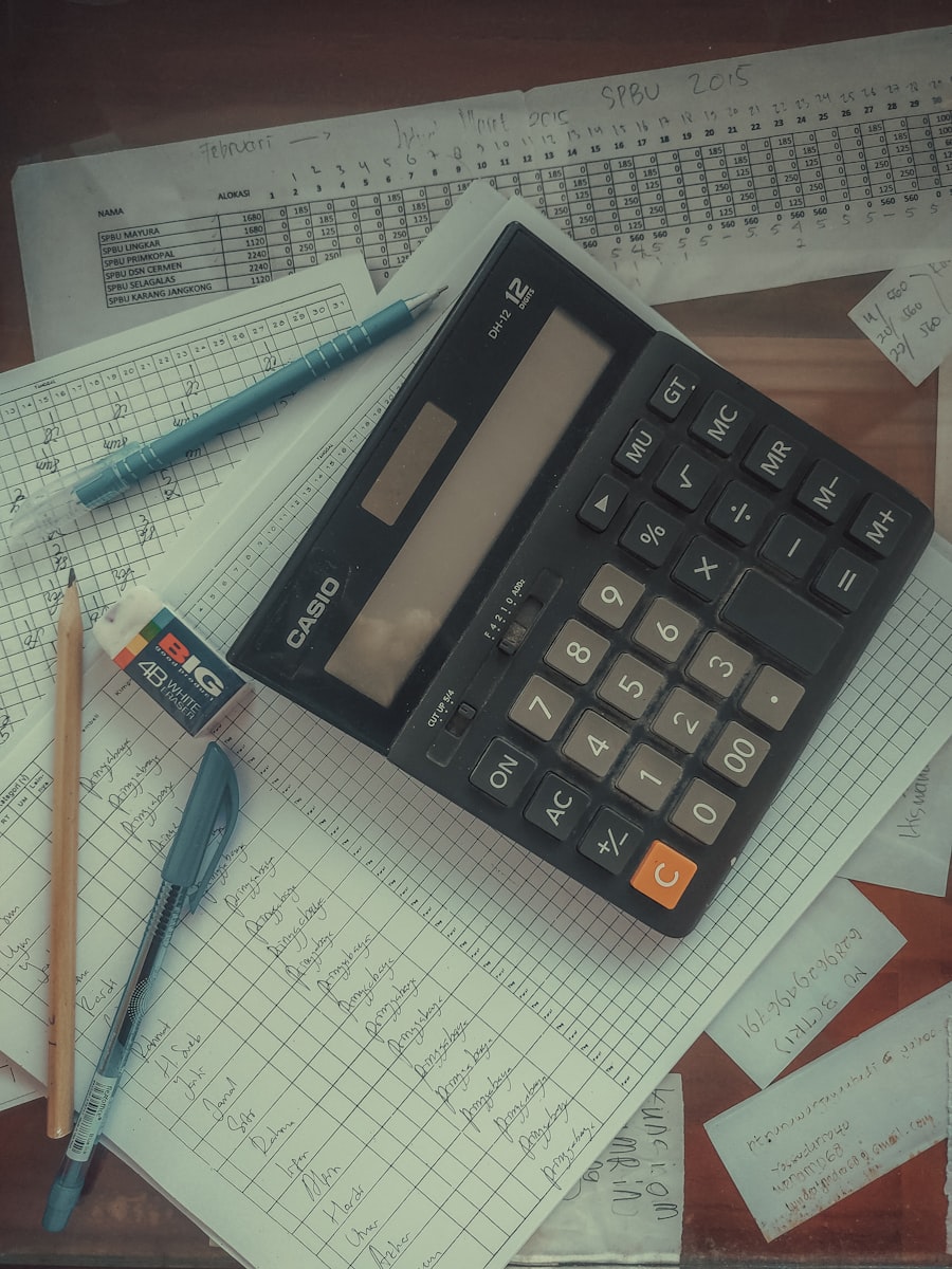 Calculator on top of pile of financial papers