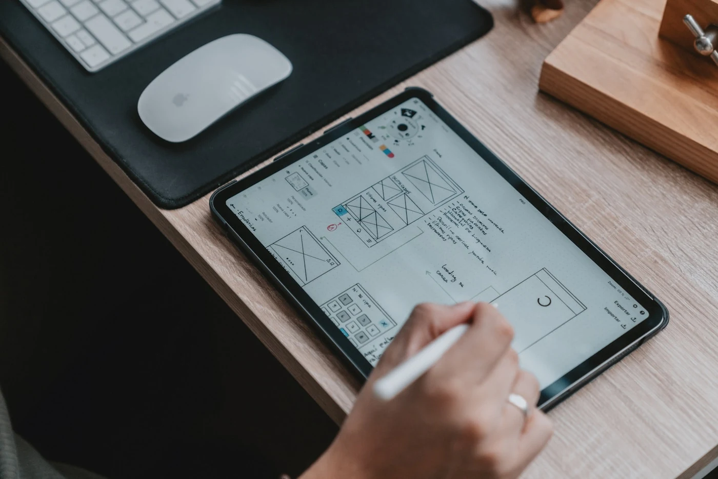Designer sketching brand wireframes on a tablet