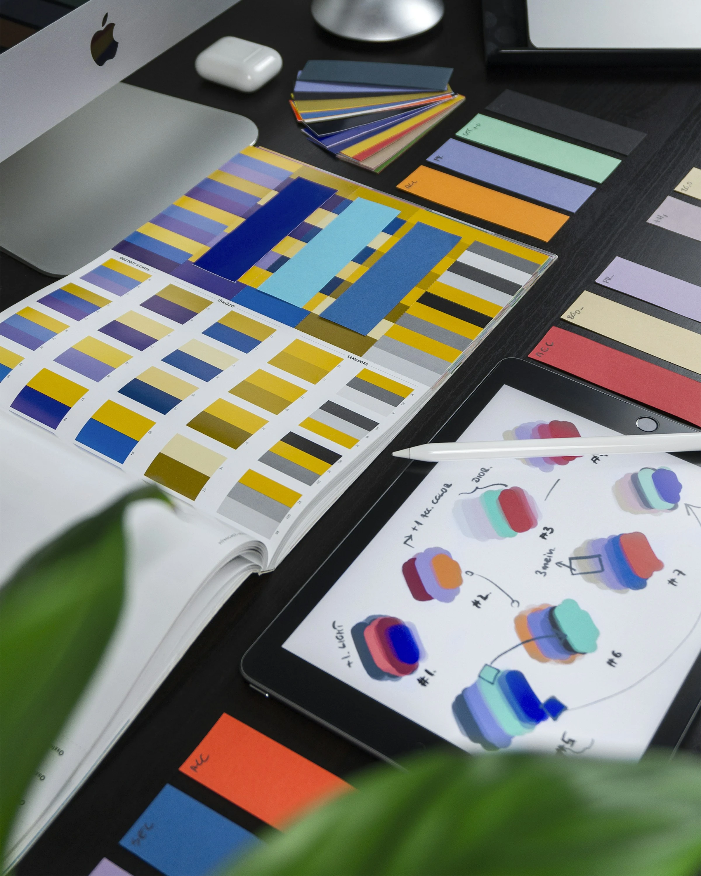 Brand identity designer reviewing color swatches and branding materials