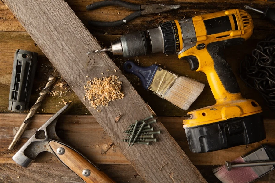 Woodworking tools arranged on a workshop bench