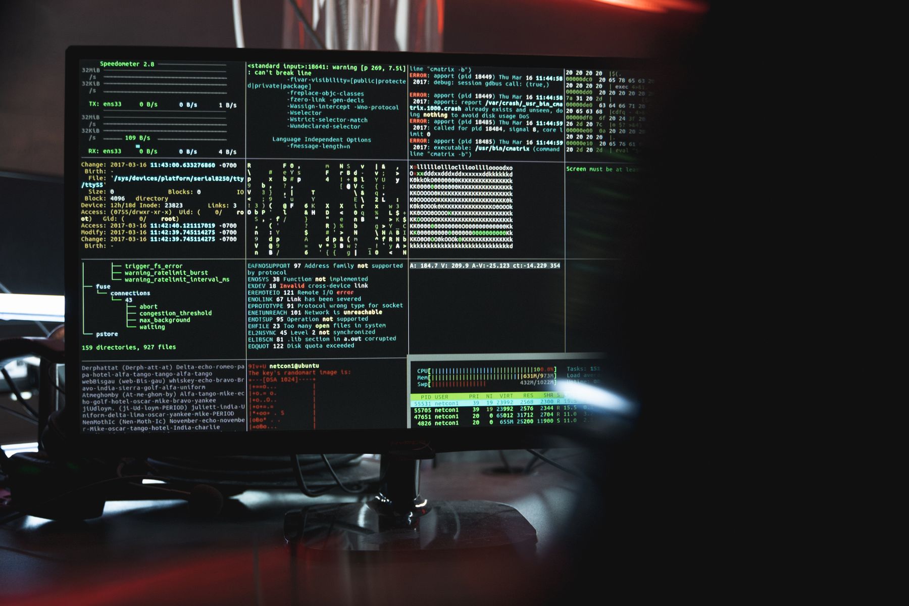 Dark terminal screen displaying security code and logs