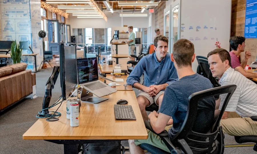 Team meeting at a growing environmental startup office