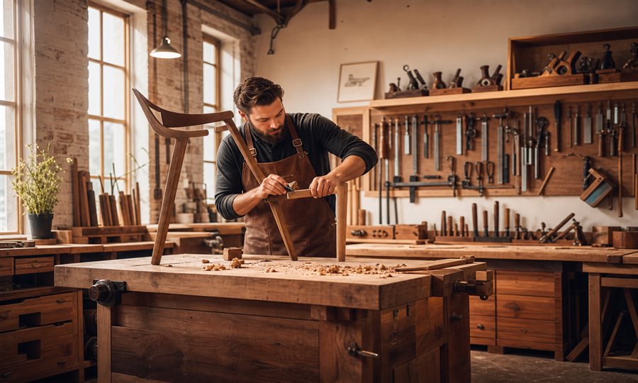 Custom furniture maker in woodworking workshop crafting handmade furniture