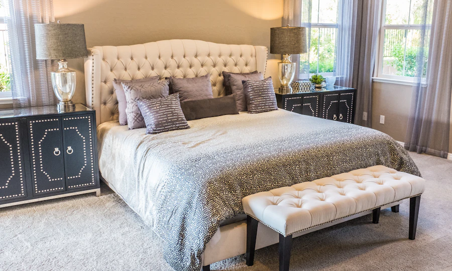Mattress store bedroom display with modern mattress and bedding products