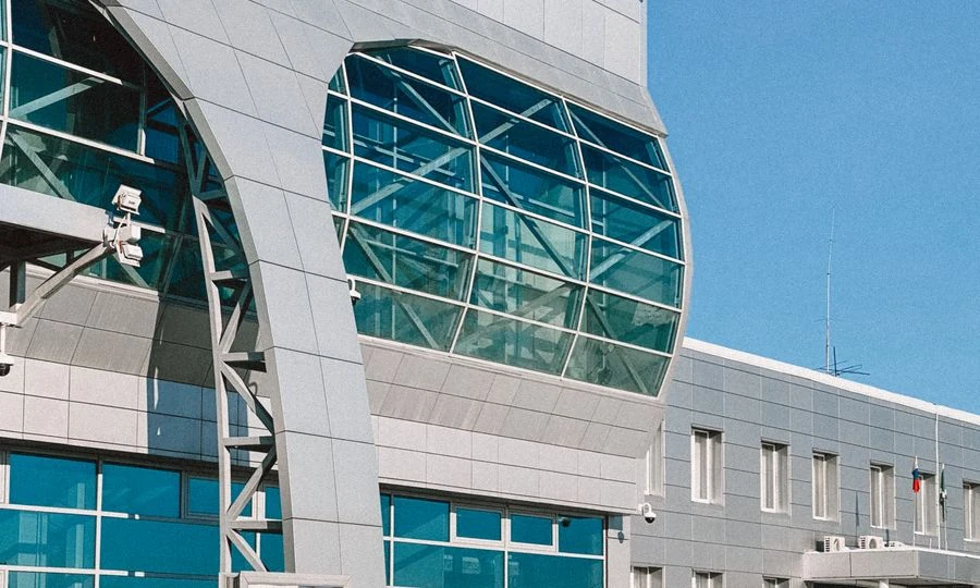 Commercial security contractor at office building entrance