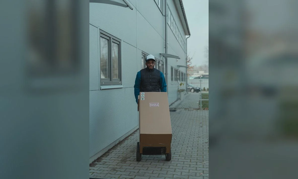 Courier professional carrying a delivery package for brand launch